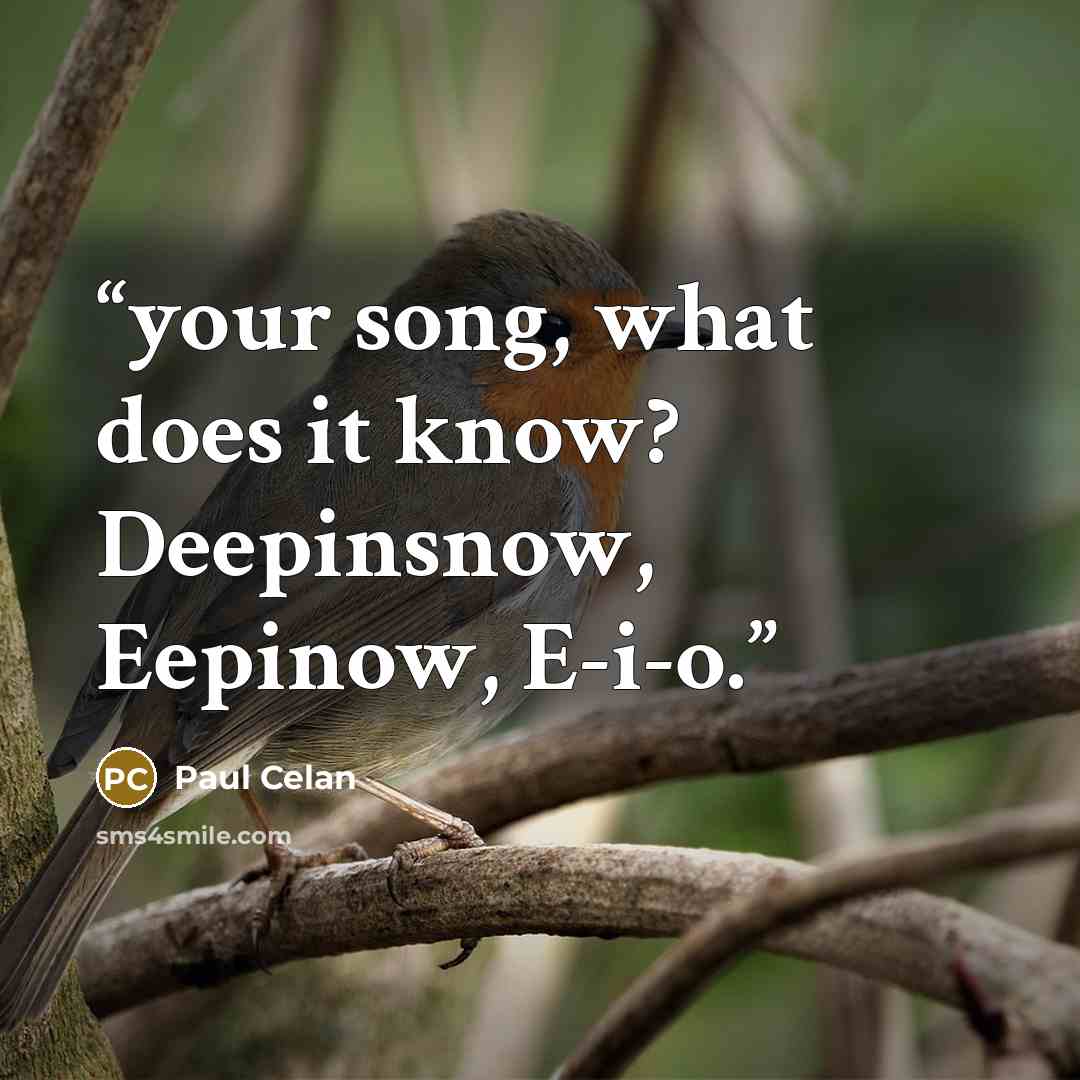 “your song, what does it know? Deepinsnow, Eepinow, E-i-o.” quote by Paul Celan