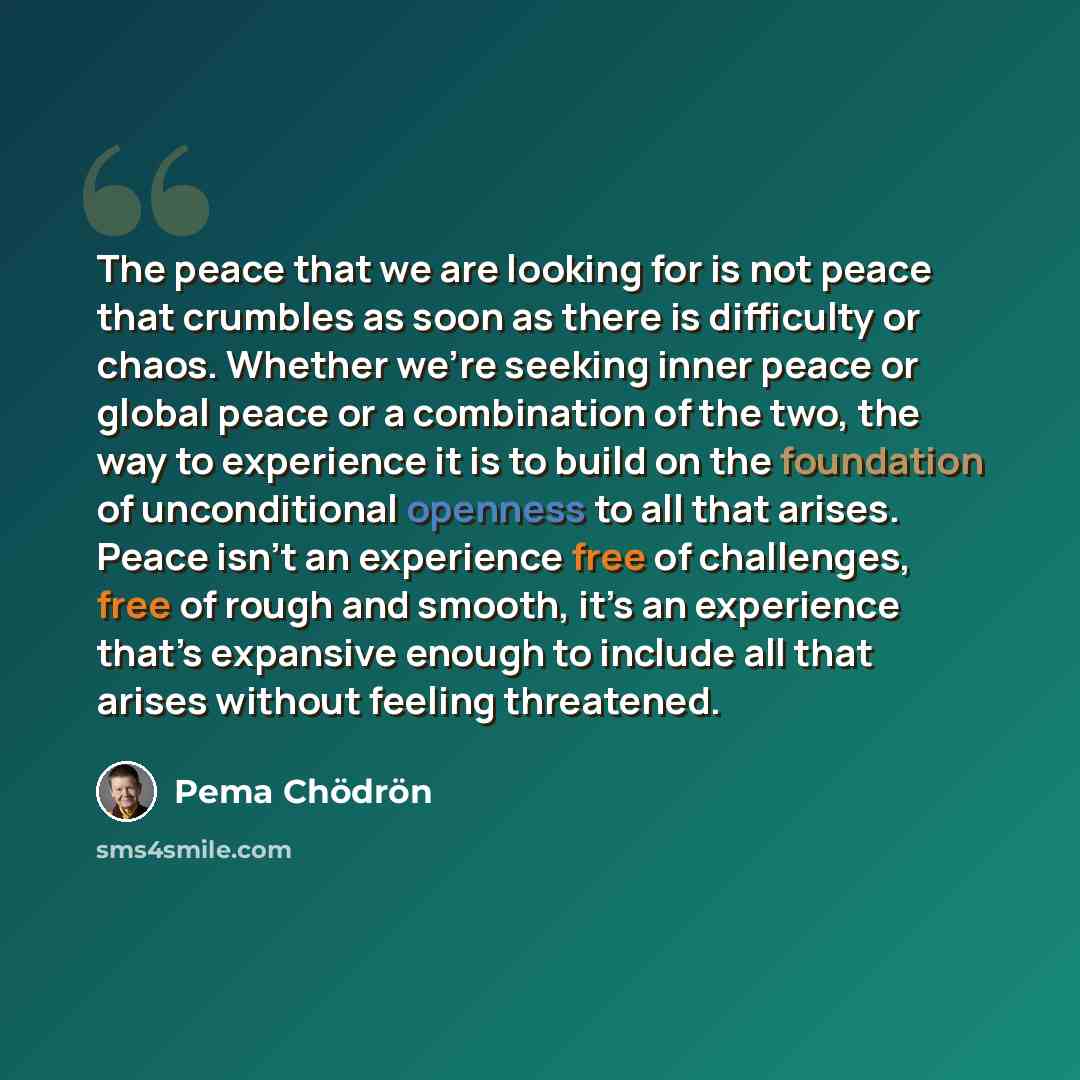 “The peace that we are looking for is not peace that crumbles as soon as there is difficulty or chaos. Whether we’re seeking inner peace or global peace or a combination of the two, the way to experience it is to build on the foundation of unconditional openness to all that arises. Peace isn’t an…” quote by Pema Chodron