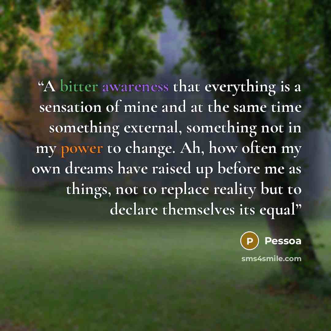 “A bitter awareness that everything is a sensation of mine and at the same time something external, something not in my power to change. Ah, how often my own dreams have raised up before me as things, not to replace reality but to declare themselves its equal” quote by Pessoa
