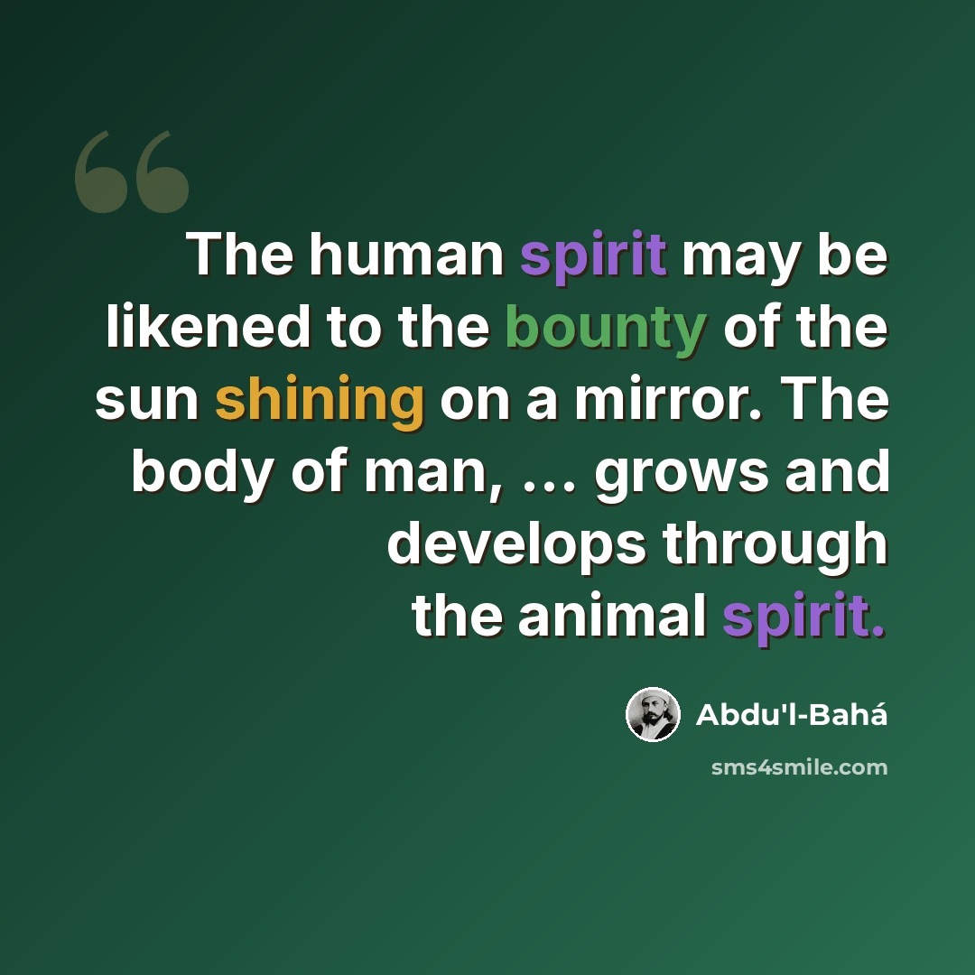 “The human spirit may be likened to the bounty of the sun shining on a mirror. The body of man, ... grows and develops through the animal spirit.” quote by Abdu'l-Bahá