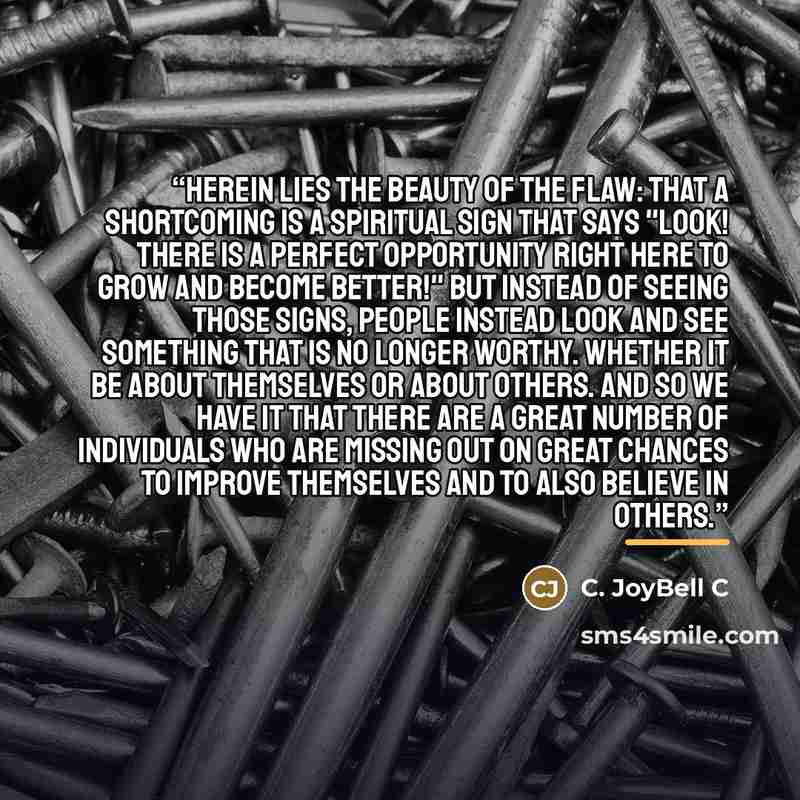 “Herein lies the beauty of the flaw: that a shortcoming is a spiritual sign that says "Look! There is a perfect opportunity right here to grow and become better!" But instead of seeing those signs, people instead look and see something that is no longer worthy. Whether it be about themselves or…” quote by C. JoyBell C