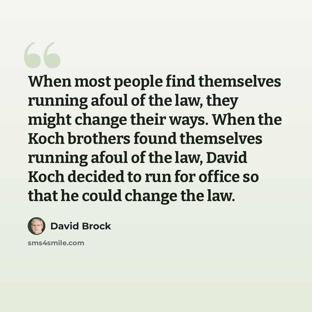 “When most people find themselves running afoul of the law, they might change their ways. When the Koch brothers found themselves running afoul of the law, David Koch decided to run for office so that he could change the law.” quote by David Brock