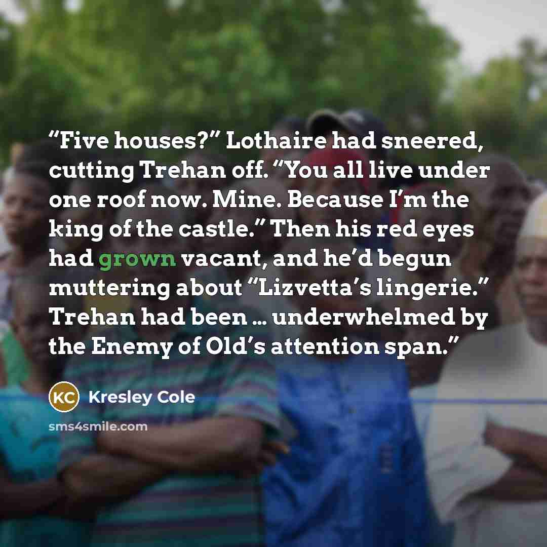 “Five houses?” Lothaire had sneered, cutting Trehan off. “You all live under one roof now. Mine. Because I’m the king of the castle.” Then his red eyes had grown vacant, and he’d begun muttering about “Lizvetta’s lingerie.” Trehan had been … underwhelmed by the Enemy of Old’s attention span.” quote by Kresley Cole