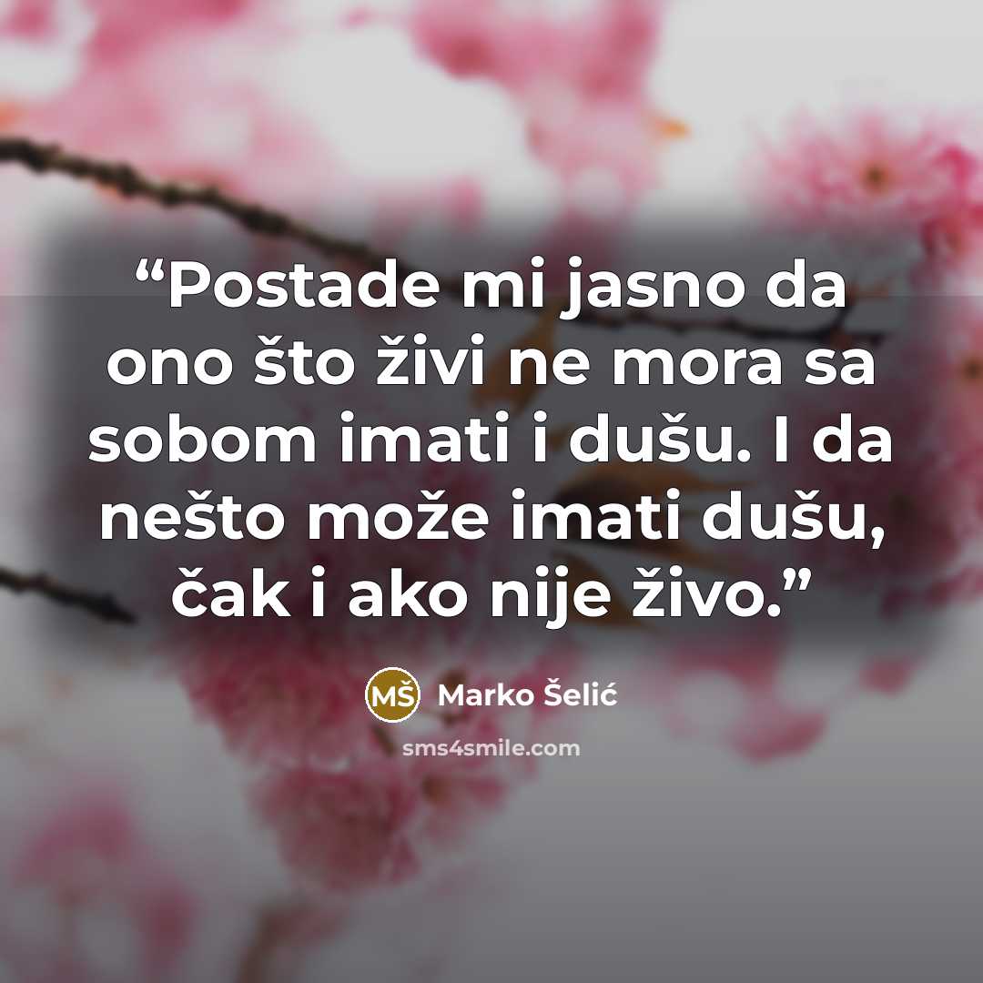 “Postade mi jasno da ono što živi ne mora sa sobom imati i dušu. I da nešto može imati dušu, čak i ako nije živo.” quote by Marko Šelić