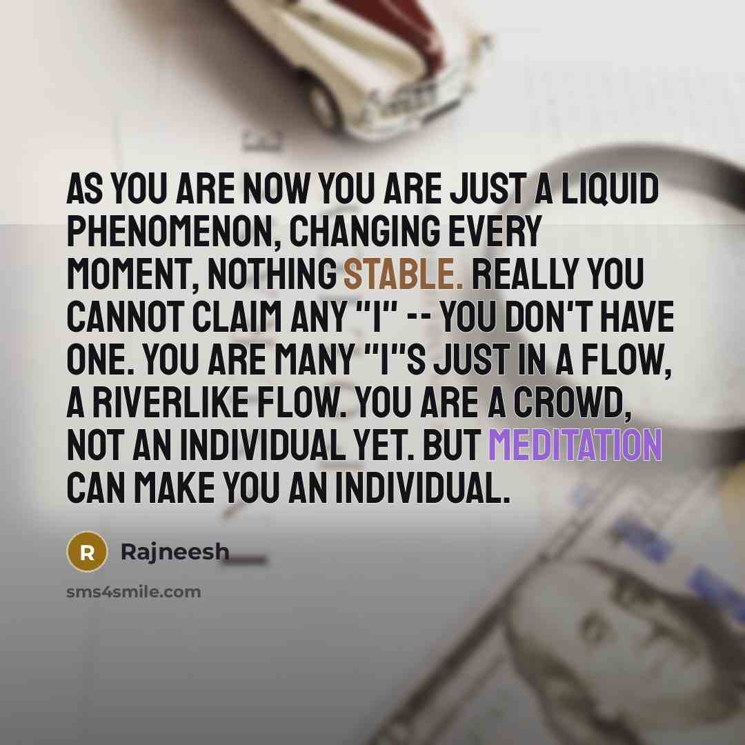 “As you are now you are just a liquid phenomenon, changing every moment, nothing stable. Really you cannot claim any "I" -- you don't have one. You are many "I"s just in a flow, a riverlike flow. You are a crowd, not an individual yet. But meditation can make you an individual.” quote by Rajneesh