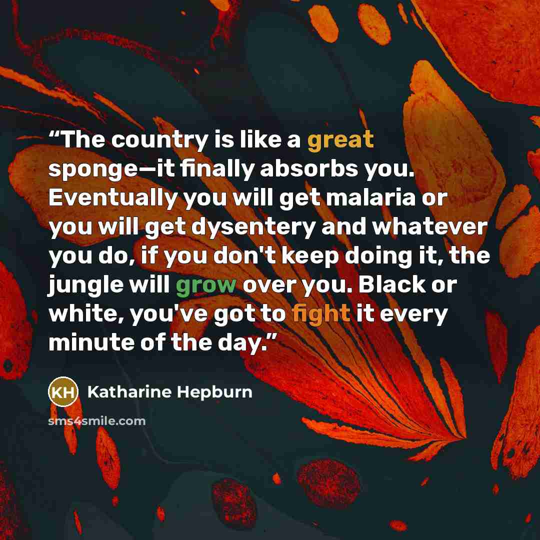 “The country is like a great sponge—it finally absorbs you. Eventually you will get malaria or you will get dysentery and whatever you do, if you don't keep doing it, the jungle will grow over you. Black or white, you've got to fight it every minute of the day.” quote by Katharine Hepburn