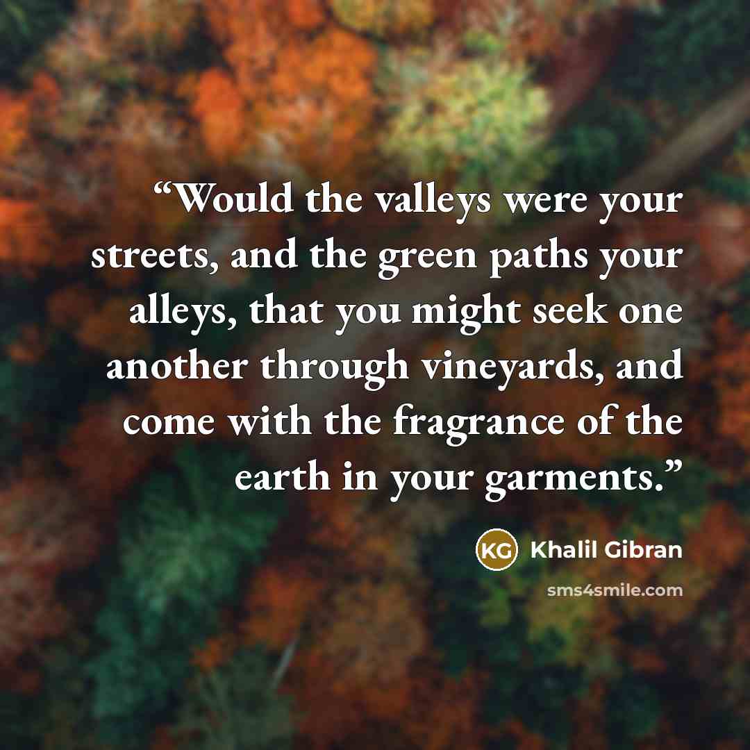 “Would the valleys were your streets, and the green paths your alleys, that you might seek one another through vineyards, and come with the fragrance of the earth in your garments.” quote by Khalil Gibran