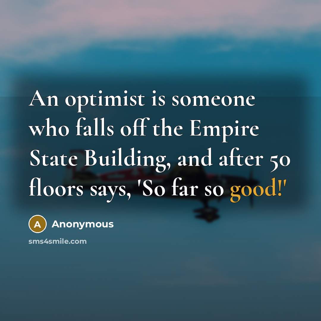 “An optimist is someone who falls off the Empire State Building, and after 50 floors says, 'So far so good!'” quote by Anonymous