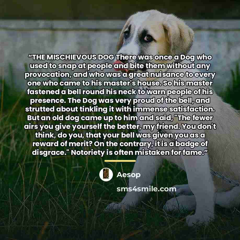 “THE MISCHIEVOUS DOG There was once a Dog who used to snap at people and bite them without any provocation, and who was a great nuisance to every one who came to his master's house. So his master fastened a bell round his neck to warn people of his presence. The Dog was very proud of the bell, and…” quote by Aesop