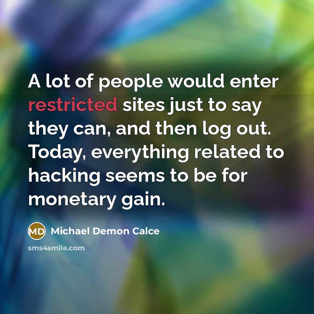 “A lot of people would enter restricted sites just to say they can, and then log out. Today, everything related to hacking seems to be for monetary gain.” quote by Michael Demon Calce