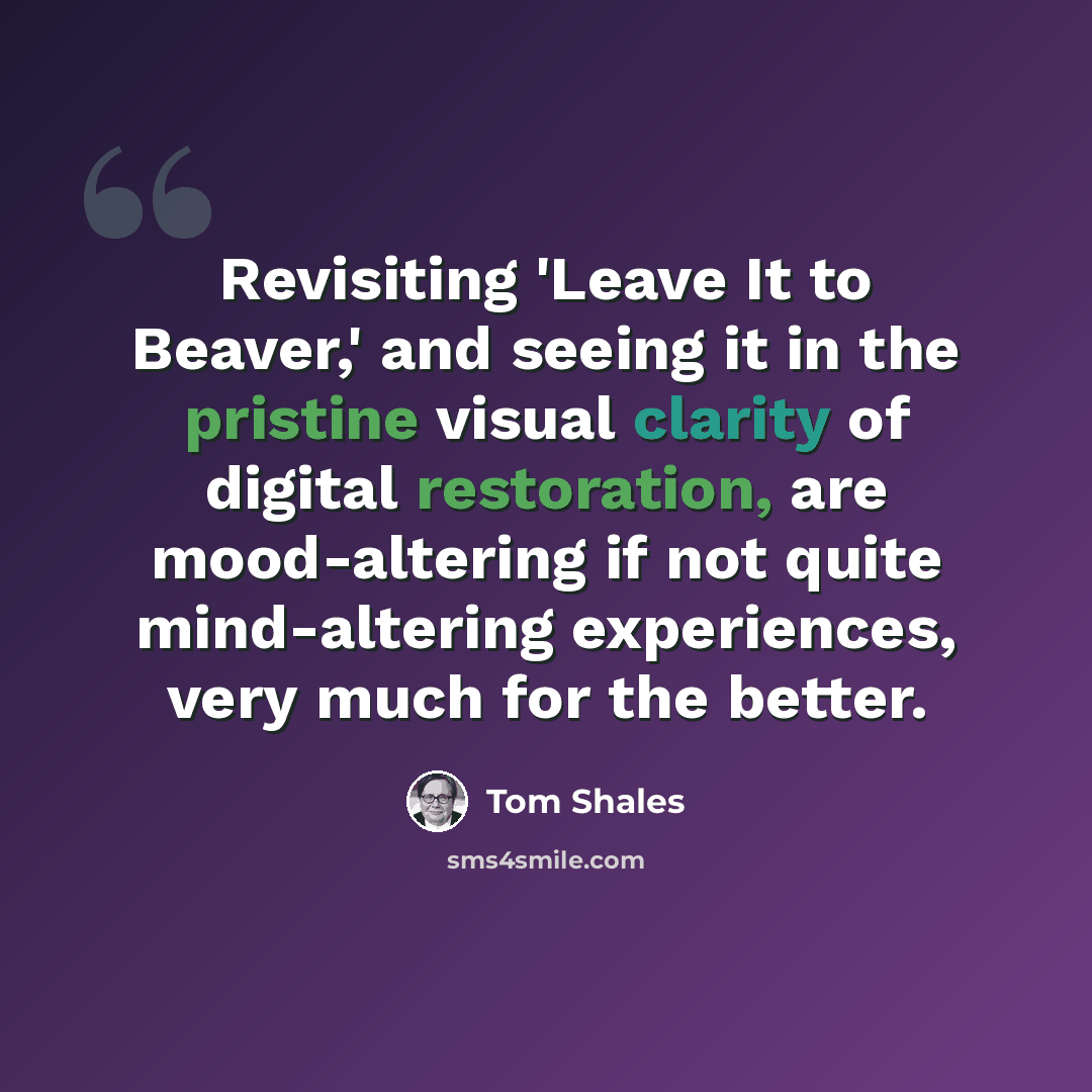 “Revisiting 'Leave It to Beaver,' and seeing it in the pristine visual clarity of digital restoration, are mood-altering if not quite mind-altering experiences, very much for the better.” quote by Tom Shales