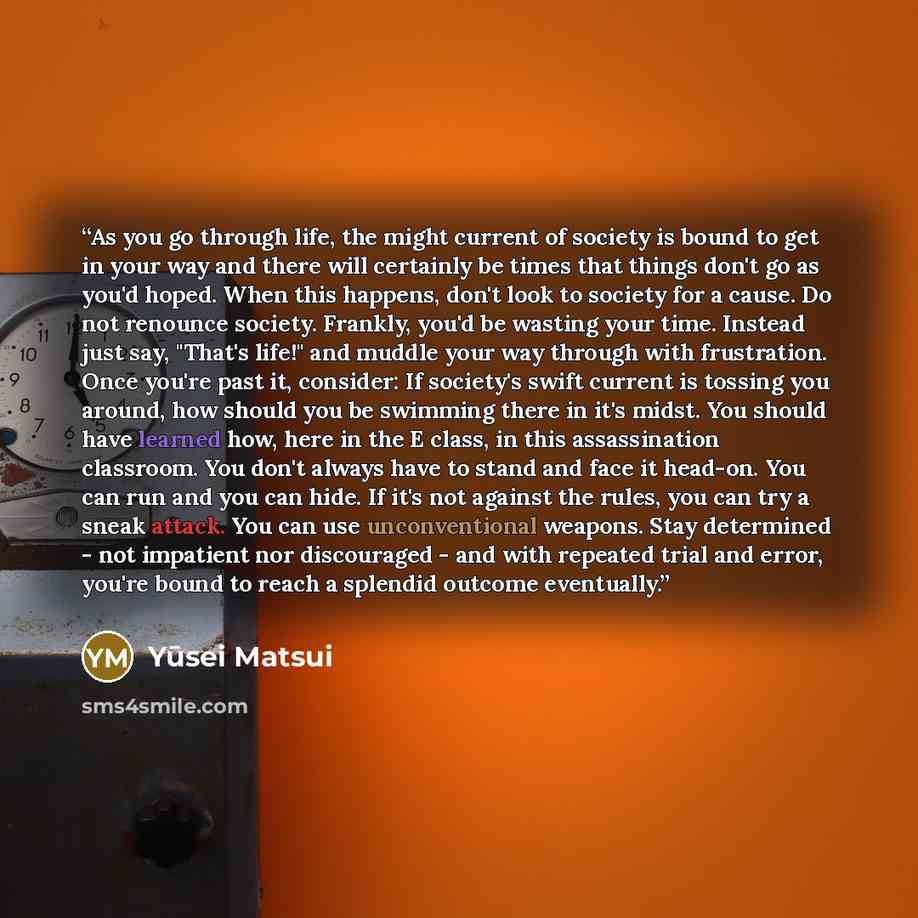 “As you go through life, the might current of society is bound to get in your way and there will certainly be times that things don't go as you'd hoped. When this happens, don't look to society for a cause. Do not renounce society. Frankly, you'd be wasting your time. Instead just say, "That's…” quote by Yūsei Matsui