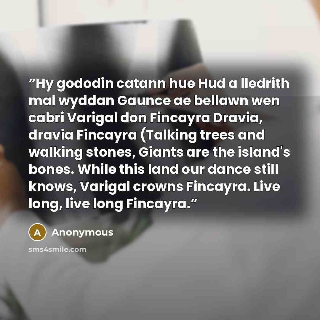 “Hy gododin catann hue Hud a lledrith mal wyddan Gaunce ae bellawn wen cabri Varigal don Fincayra Dravia, dravia Fincayra (Talking trees and walking stones, Giants are the island's bones. While this land our dance still knows, Varigal crowns Fincayra. Live long, live long Fincayra.” quote by Anonymous