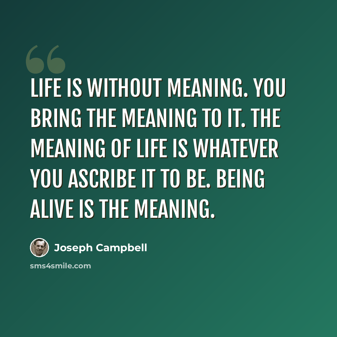 “Life is without meaning. You bring the meaning to it. The meaning of life is whatever you ascribe it to be. Being alive is the meaning.” quote by Joseph Campbell