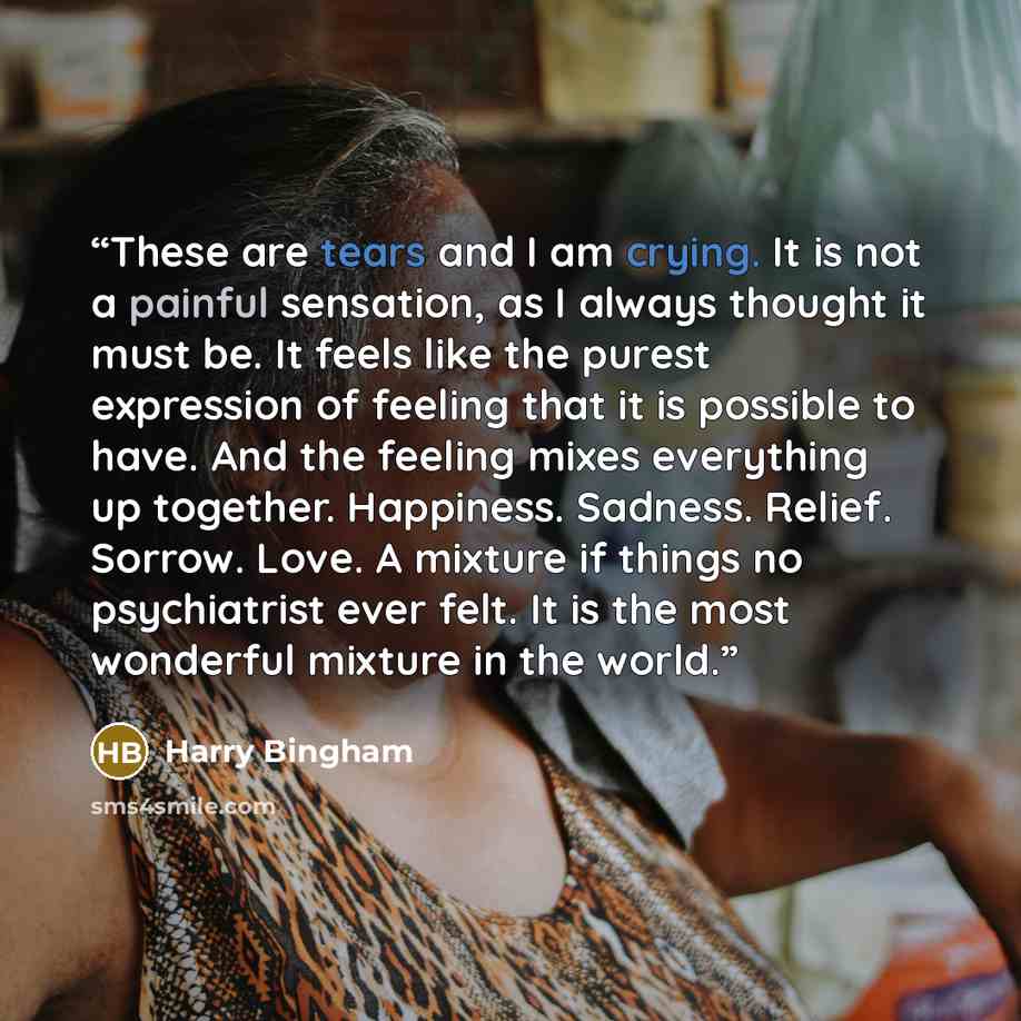 “These are tears and I am crying. It is not a painful sensation, as I always thought it must be. It feels like the purest expression of feeling that it is possible to have. And the feeling mixes everything up together. Happiness. Sadness. Relief. Sorrow. Love. A mixture if things no psychiatrist…” quote by Harry Bingham