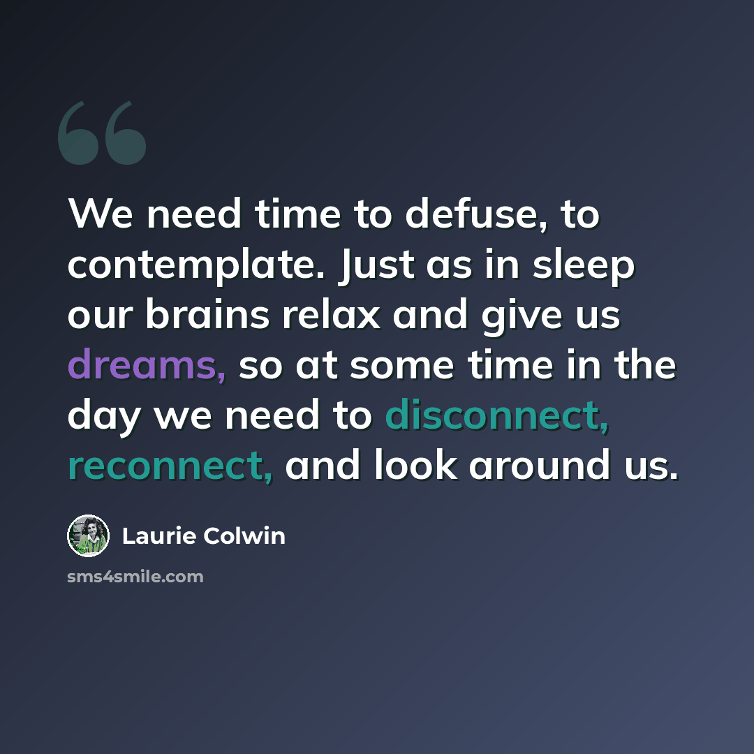 “We need time to defuse, to contemplate. Just as in sleep our brains relax and give us dreams, so at some time in the day we need to disconnect, reconnect, and look around us.” quote by Laurie Colwin