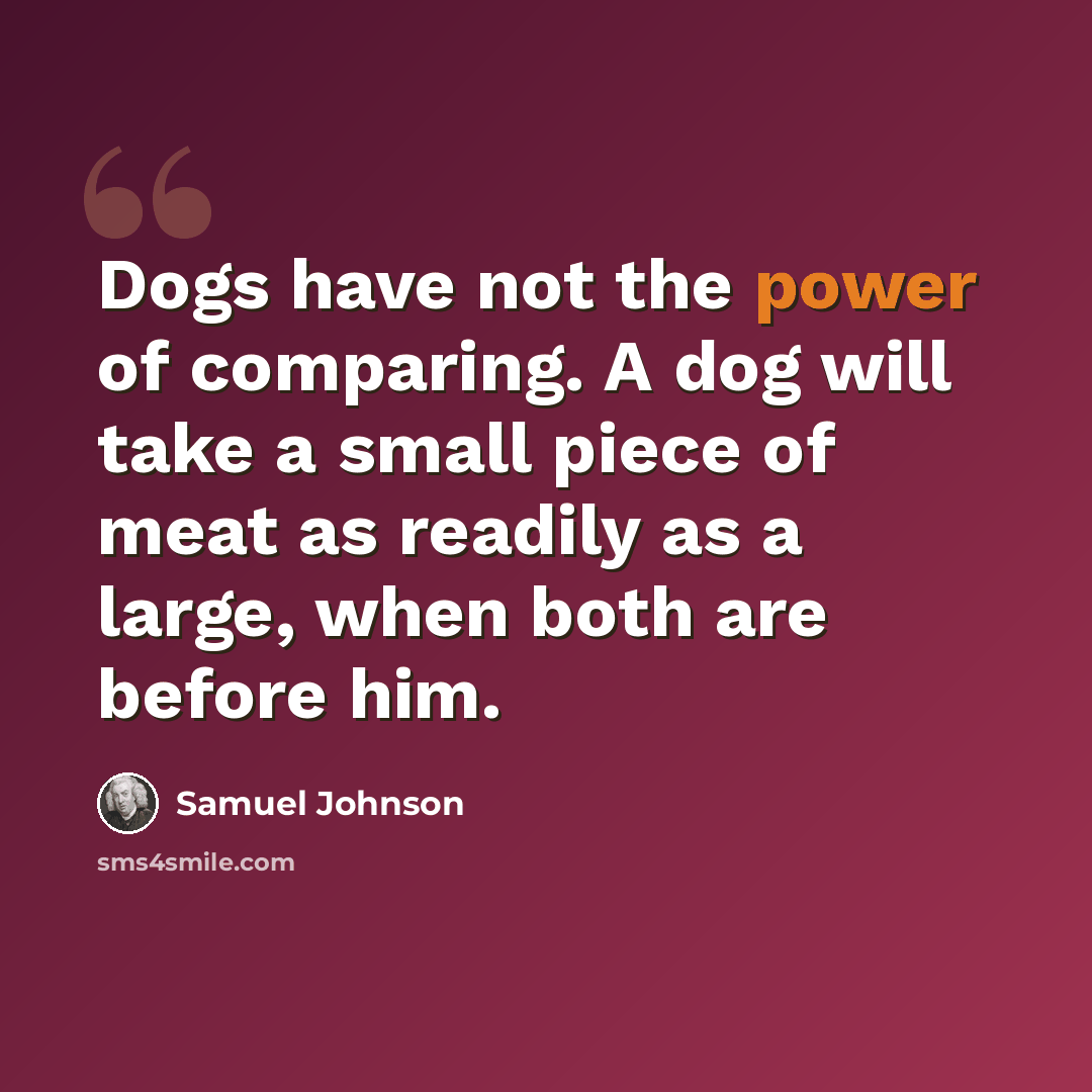 “Dogs have not the power of comparing. A dog will take a small piece of meat as readily as a large, when both are before him.” quote by Samuel Johnson