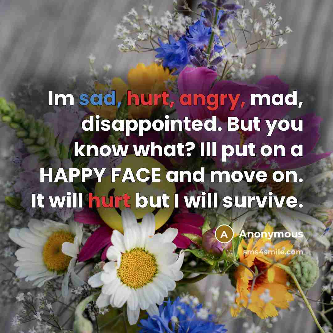 “Im sad, hurt, angry, mad, disappointed. But you know what? Ill put on a HAPPY FACE and move on. It will hurt but I will survive.” quote by Anonymous