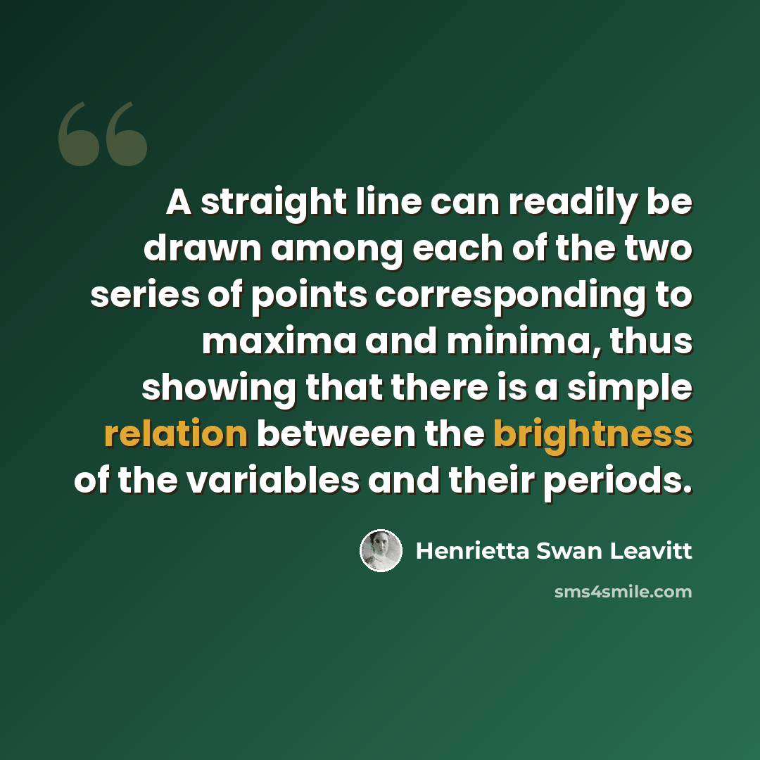 “A straight line can readily be drawn among each of the two series of points corresponding to maxima and minima, thus showing that there is a simple relation between the brightness of the variables and their periods.” quote by Henrietta Swan Leavitt