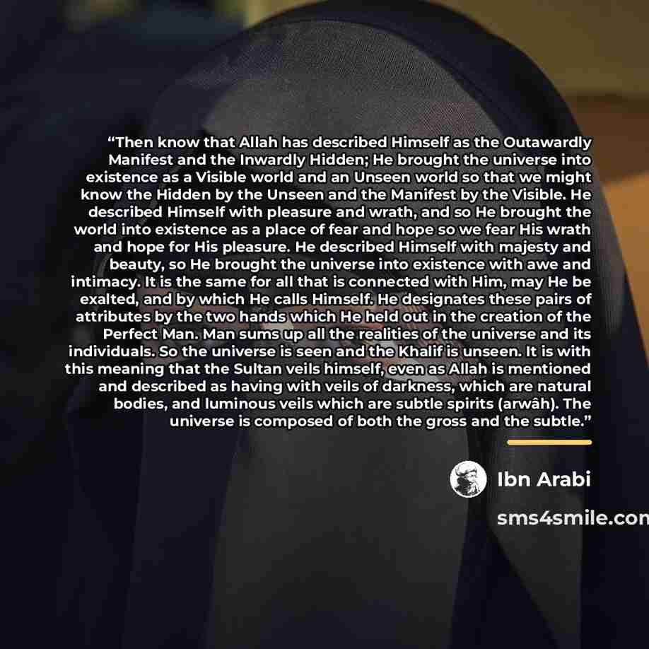 “Then know that Allah has described Himself as the Outawardly Manifest and the Inwardly Hidden; He brought the universe into existence as a Visible world and an Unseen world so that we might know the Hidden by the Unseen and the Manifest by the Visible. He described Himself with pleasure and wrath…” quote by Ibn Arabi