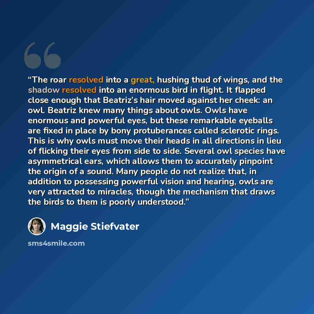 “The roar resolved into a great, hushing thud of wings, and the shadow resolved into an enormous bird in flight. It flapped close enough that Beatriz’s hair moved against her cheek: an owl. Beatriz knew many things about owls. Owls have enormous and powerful eyes, but these remarkable eyeballs are…” quote by Maggie Stiefvater