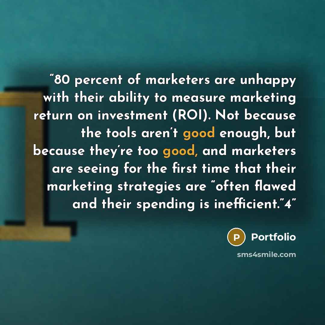 “80 percent of marketers are unhappy with their ability to measure marketing return on investment (ROI). Not because the tools aren’t good enough, but because they’re too good, and marketers are seeing for the first time that their marketing strategies are “often flawed and their spending is…” quote by Portfolio