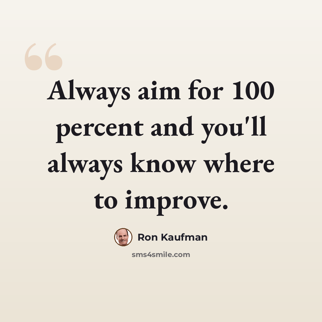 “Always aim for 100 percent and you'll always know where to improve.” quote by Ron Kaufman
