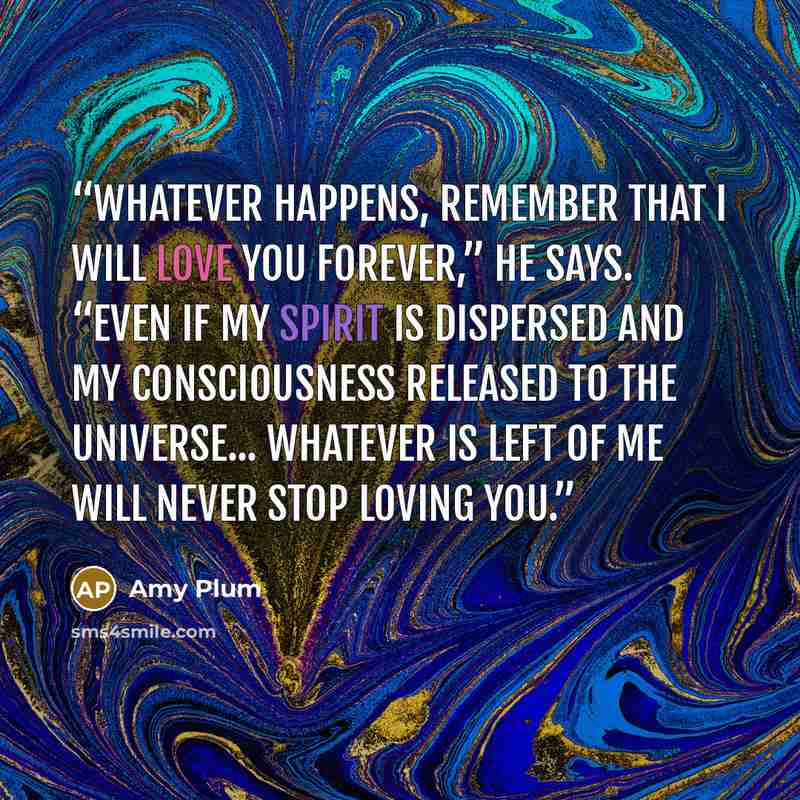 “Whatever happens, remember that I will love you forever,” he says. “Even if my spirit is dispersed and my consciousness released to the universe... whatever is left of me will never stop loving you.” quote by Amy Plum