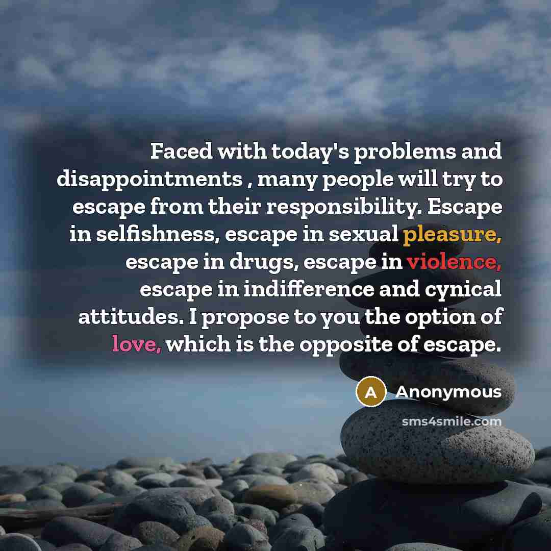 “Faced with today's problems and disappointments , many people will try to escape from their responsibility. Escape in selfishness, escape in sexual pleasure, escape in drugs, escape in violence, escape in indifference and cynical attitudes. I propose to you the option of love, which is the…” quote by Anonymous