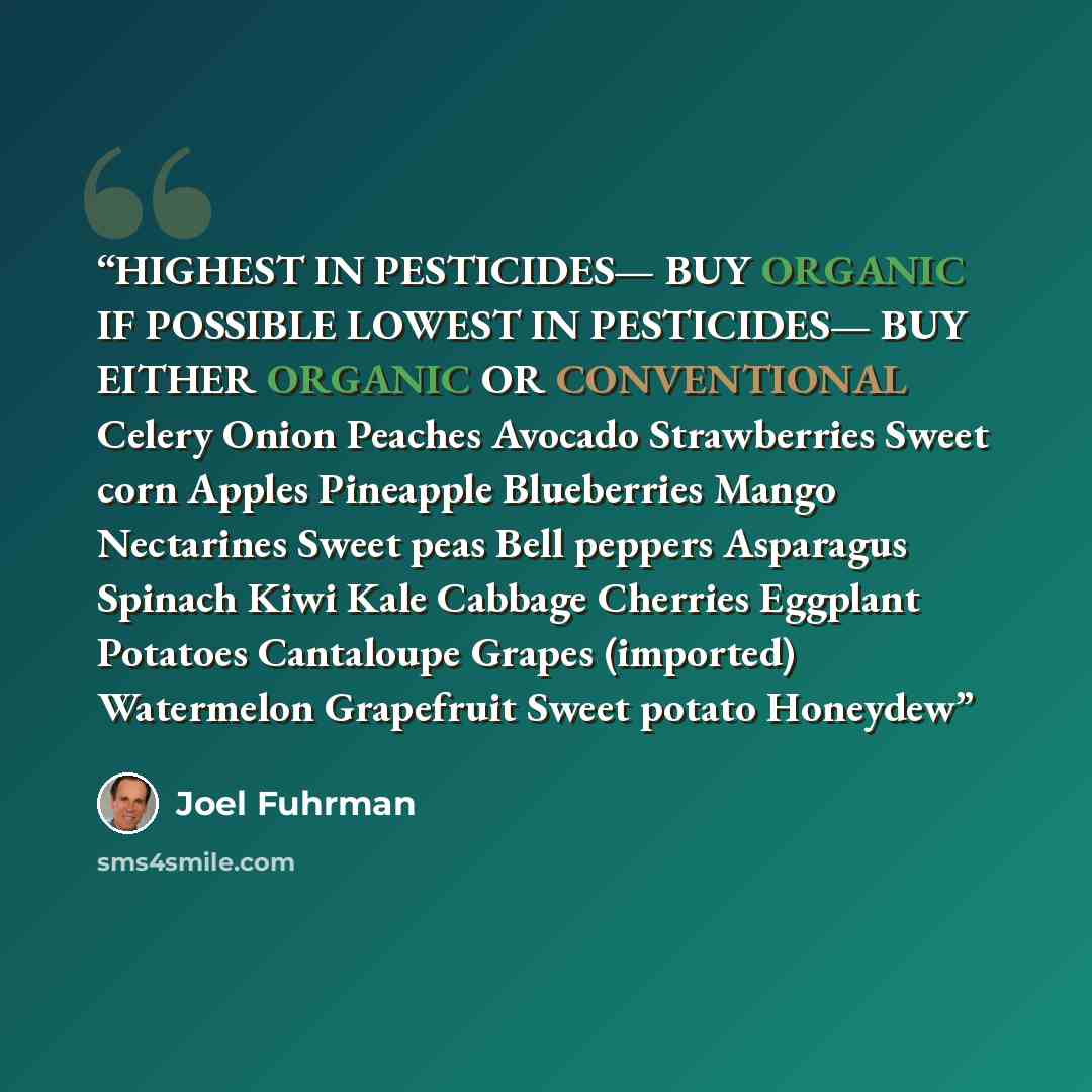 “HIGHEST IN PESTICIDES— BUY ORGANIC IF POSSIBLE LOWEST IN PESTICIDES— BUY EITHER ORGANIC OR CONVENTIONAL Celery Onion Peaches Avocado Strawberries Sweet corn Apples Pineapple Blueberries Mango Nectarines Sweet peas Bell peppers Asparagus Spinach Kiwi Kale Cabbage Cherries Eggplant Potatoes…” quote by Joel Fuhrman