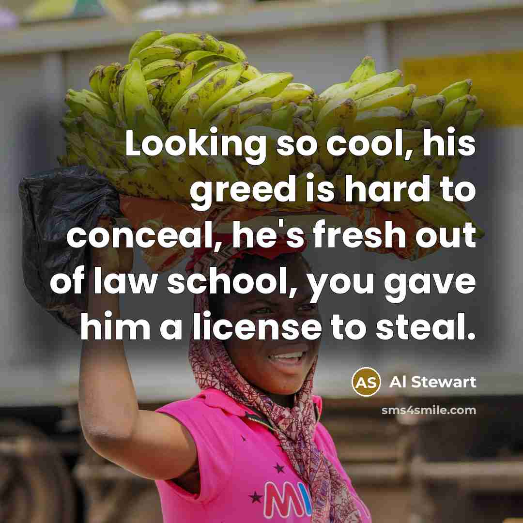 “Looking so cool, his greed is hard to conceal, he's fresh out of law school, you gave him a license to steal.” quote by Al Stewart