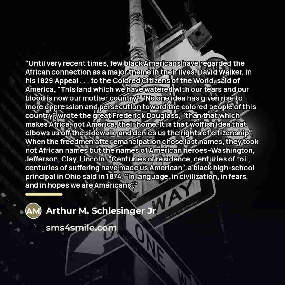 “Until very recent times, few black Americans have regarded the African connection as a major theme in their lives. David Walker, in his 1829 Appeal . . . to the Colored Citizens of the World, said of America, "This land which we have watered with our tears and our blood is now our mother country"…” quote by Arthur M. Schlesinger Jr