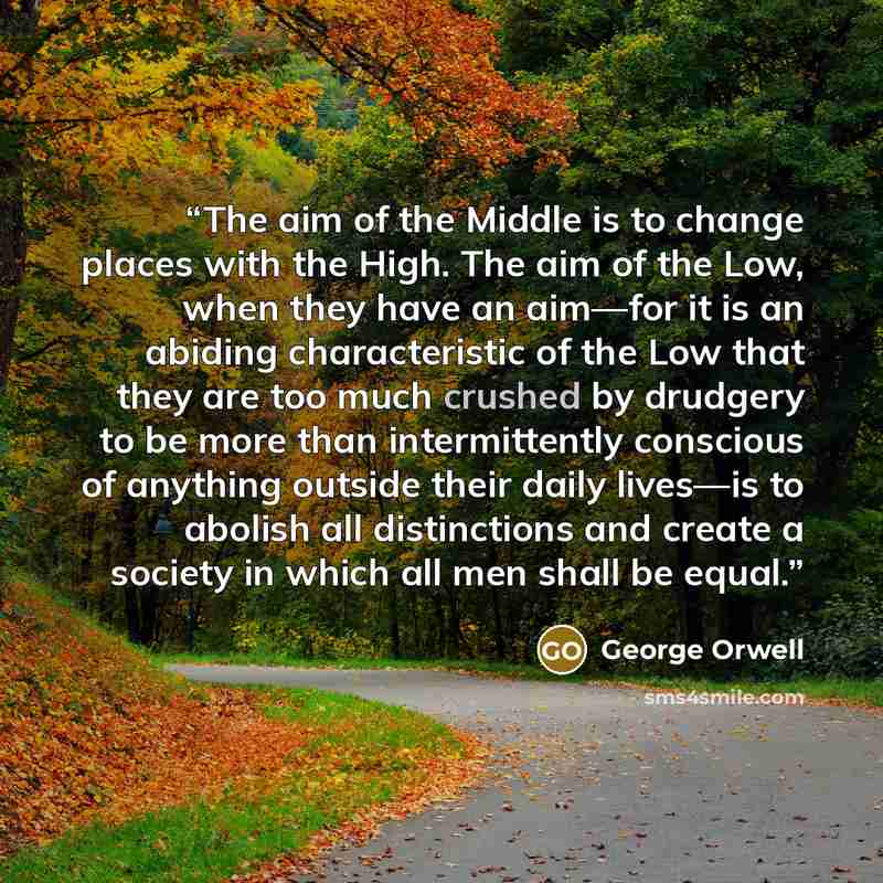 “The aim of the Middle is to change places with the High. The aim of the Low, when they have an aim—for it is an abiding characteristic of the Low that they are too much crushed by drudgery to be more than intermittently conscious of anything outside their daily lives—is to abolish all distinctions…” quote by George Orwell
