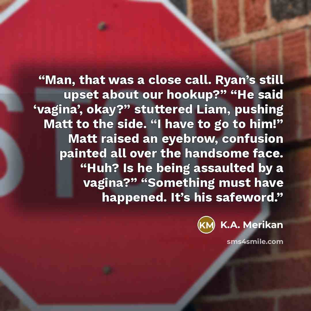 “Man, that was a close call. Ryan’s still upset about our hookup?” “He said ‘vagina’, okay?” stuttered Liam, pushing Matt to the side. “I have to go to him!” Matt raised an eyebrow, confusion painted all over the handsome face. “Huh? Is he being assaulted by a vagina?” “Something must have…” quote by K.A. Merikan