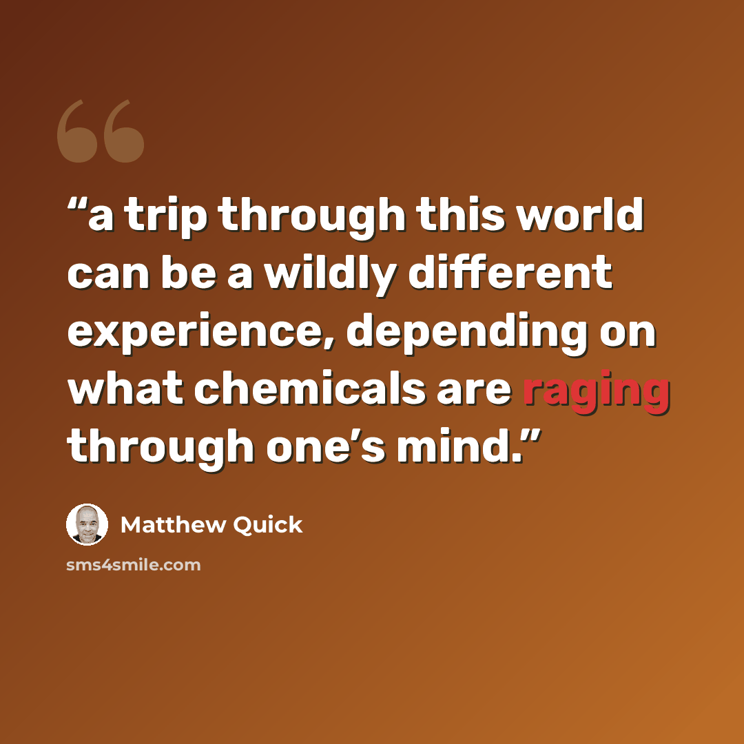 “a trip through this world can be a wildly different experience, depending on what chemicals are raging through one’s mind.” quote by Matthew Quick