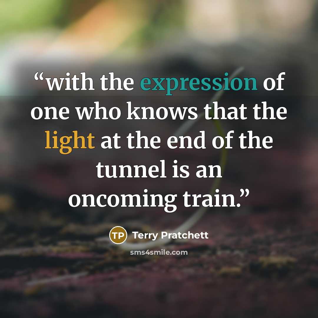 “with the expression of one who knows that the light at the end of the tunnel is an oncoming train.” quote by Terry Pratchett