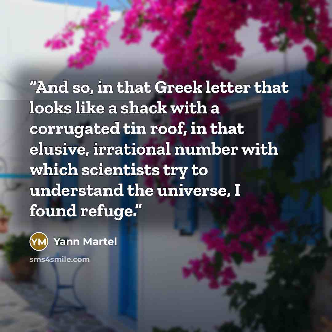 “And so, in that Greek letter that looks like a shack with a corrugated tin roof, in that elusive, irrational number with which scientists try to understand the universe, I found refuge.” quote by Yann Martel