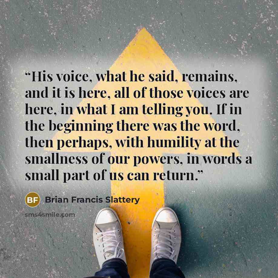 “His voice, what he said, remains, and it is here, all of those voices are here, in what I am telling you. If in the beginning there was the word, then perhaps, with humility at the smallness of our powers, in words a small part of us can return.” quote by Brian Francis Slattery