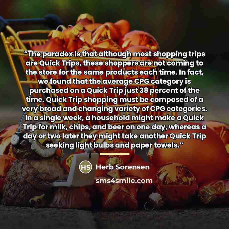 “The paradox is that although most shopping trips are Quick Trips, these shoppers are not coming to the store for the same products each time. In fact, we found that the average CPG category is purchased on a Quick Trip just 38 percent of the time. Quick Trip shopping must be composed of a very…” quote by Herb Sorensen