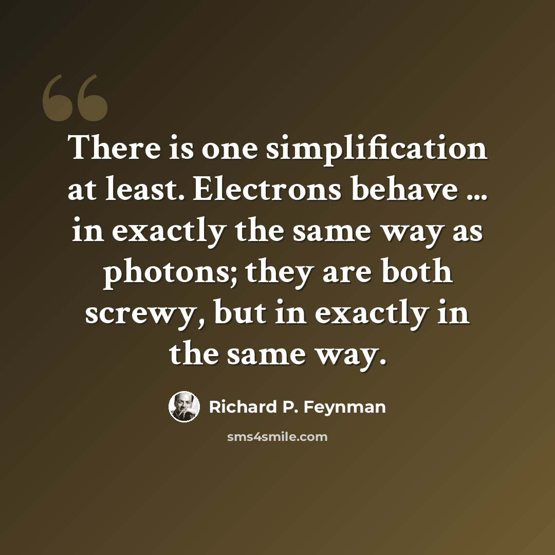 “There is one simplification at least. Electrons behave ... in exactly the same way as photons; they are both screwy, but in exactly in the same way.” quote by Richard P. Feynman