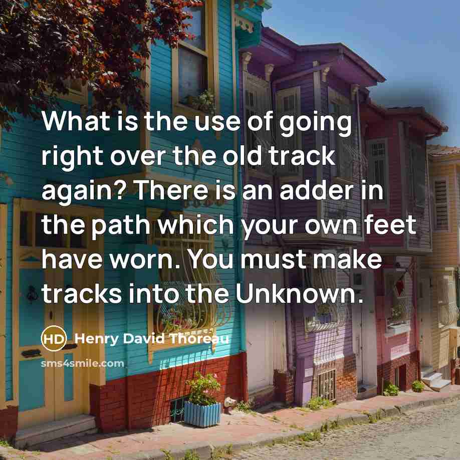 “What is the use of going right over the old track again? There is an adder in the path which your own feet have worn. You must make tracks into the Unknown.” quote by Henry David Thoreau