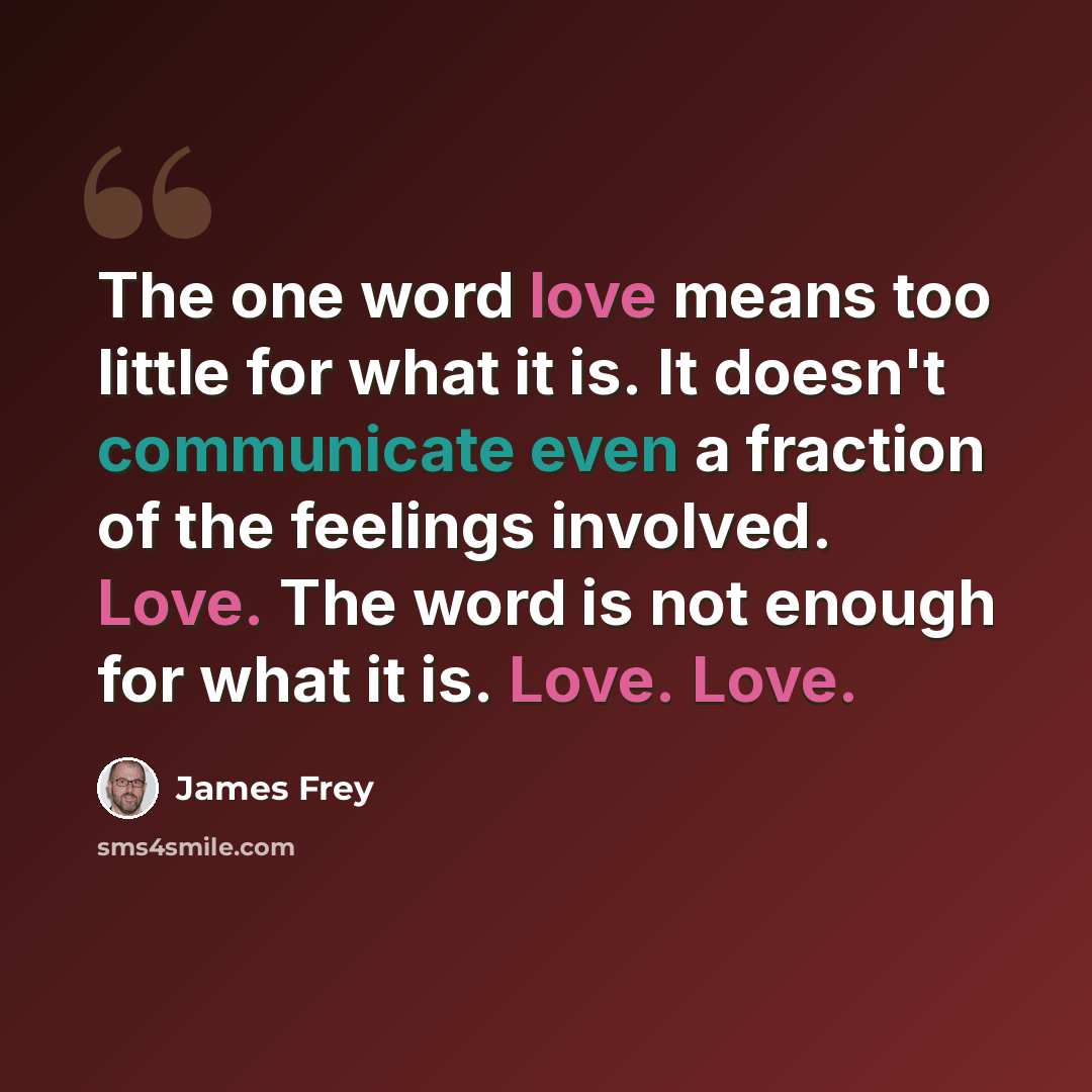 “The one word love means too little for what it is. It doesn't communicate even a fraction of the feelings involved. Love. The word is not enough for what it is. Love. Love.” quote by James Frey