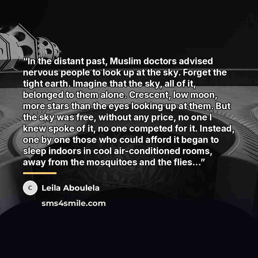 “In the distant past, Muslim doctors advised nervous people to look up at the sky. Forget the tight earth. Imagine that the sky, all of it, belonged to them alone. Crescent, low moon, more stars than the eyes looking up at them. But the sky was free, without any price, no one I knew spoke of it, no…” quote by Leila Aboulela
