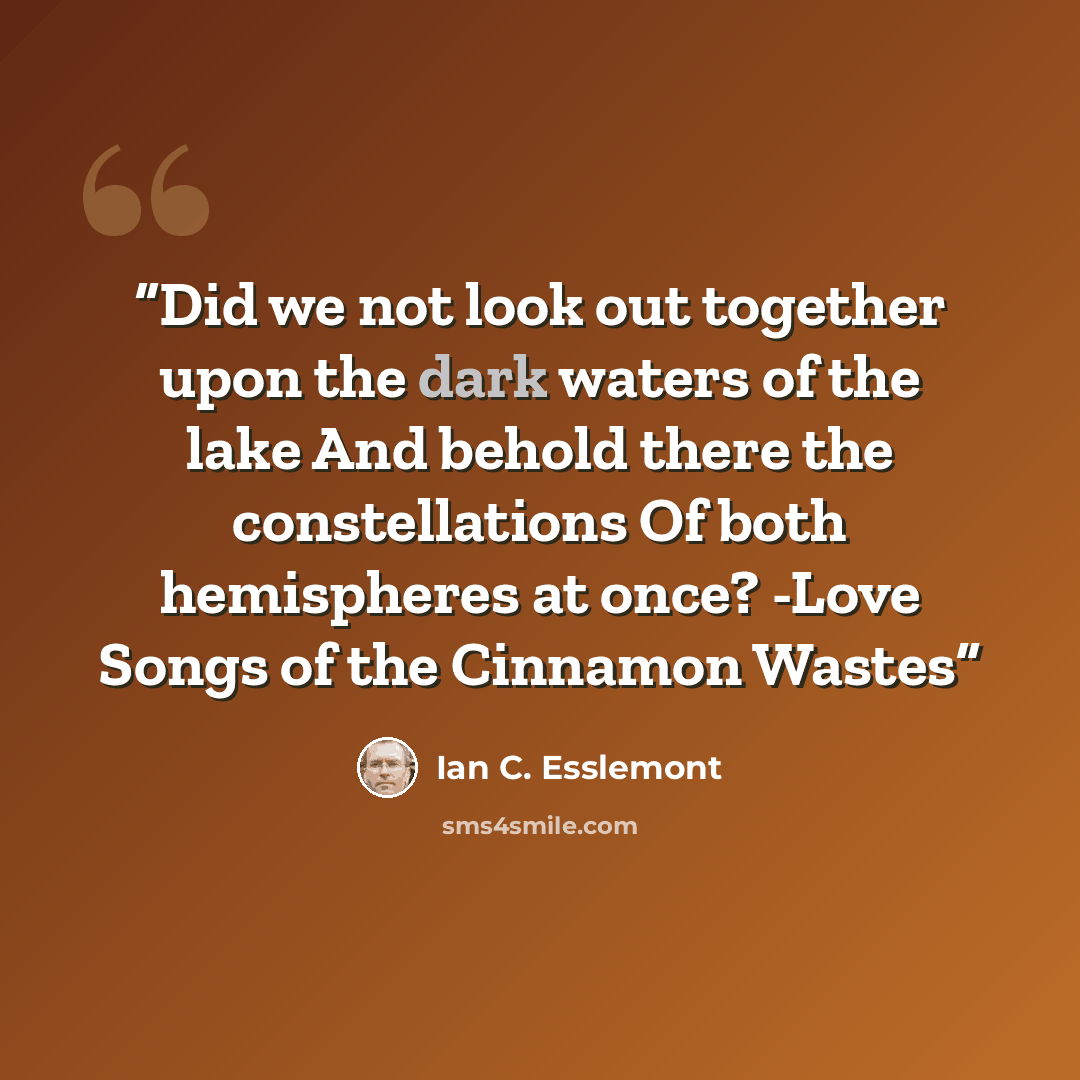 “Did we not look out together upon the dark waters of the lake And behold there the constellations Of both hemispheres at once? -Love Songs of the Cinnamon Wastes” quote by Ian C. Esslemont