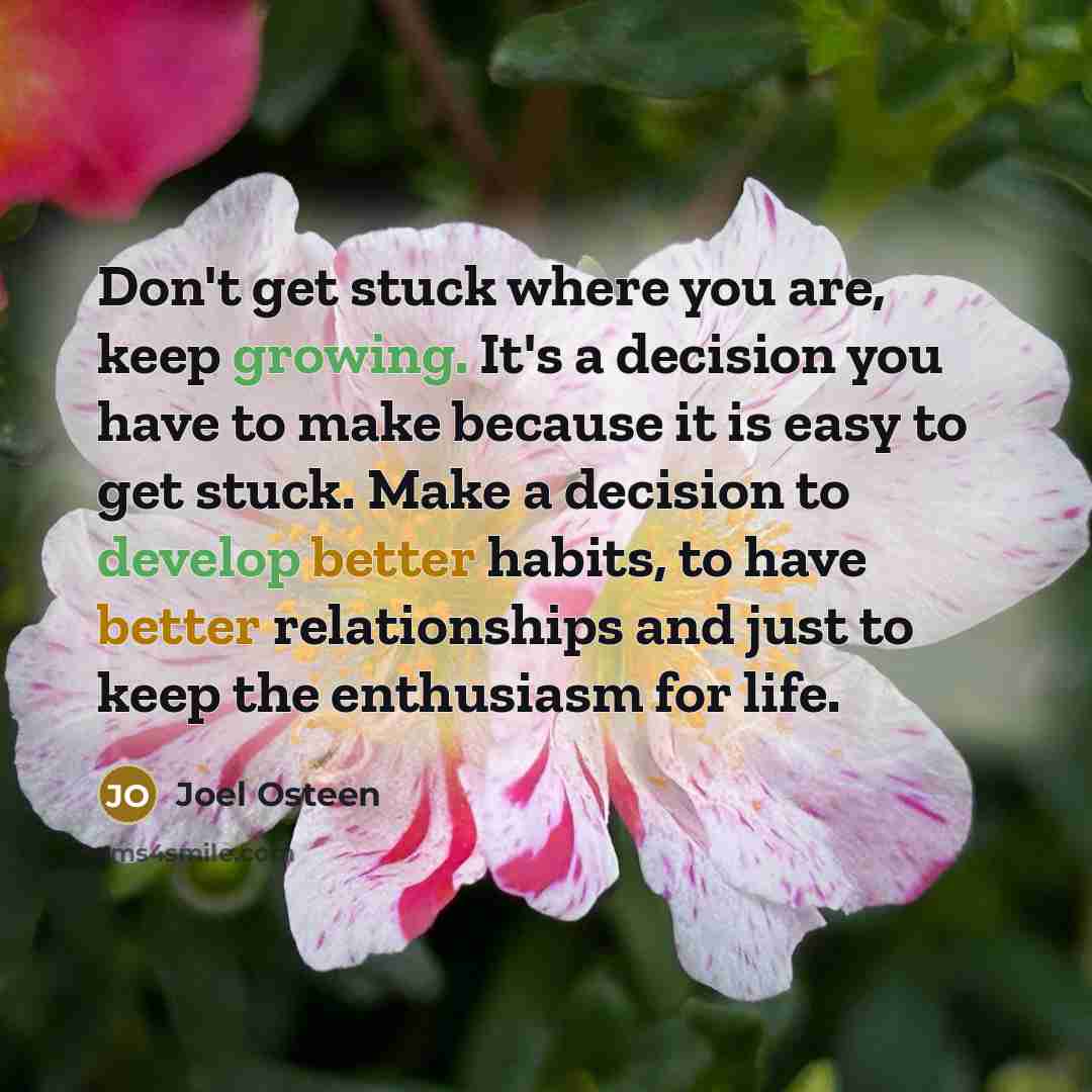 “Don't get stuck where you are, keep growing. It's a decision you have to make because it is easy to get stuck. Make a decision to develop better habits, to have better relationships and just to keep the enthusiasm for life.” quote by Joel Osteen