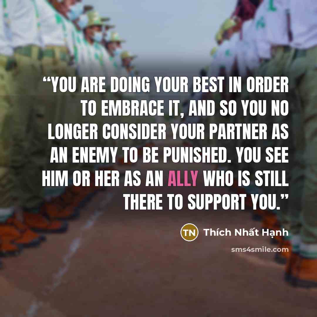 “You are doing your best in order to embrace it, and so you no longer consider your partner as an enemy to be punished. You see him or her as an ally who is still there to support you.” quote by Thich Nhat Hanh