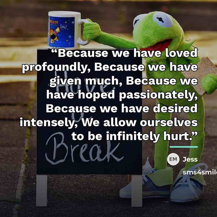 “Because we have loved profoundly, Because we have given much, Because we have hoped passionately, Because we have desired intensely, We allow ourselves to be infinitely hurt.” quote by Jess
