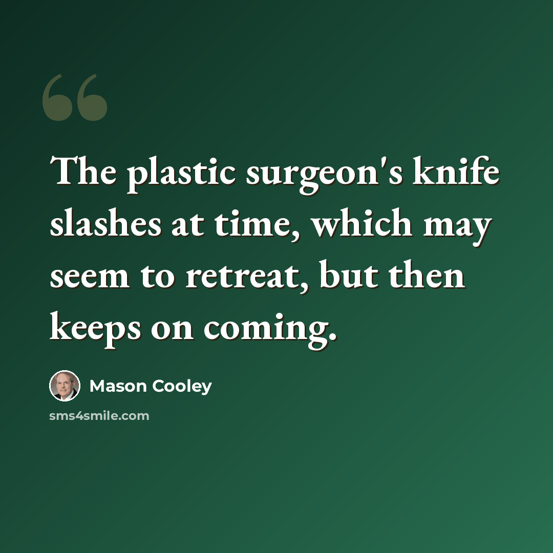 “The plastic surgeon's knife slashes at time, which may seem to retreat, but then keeps on coming.” quote by Mason Cooley