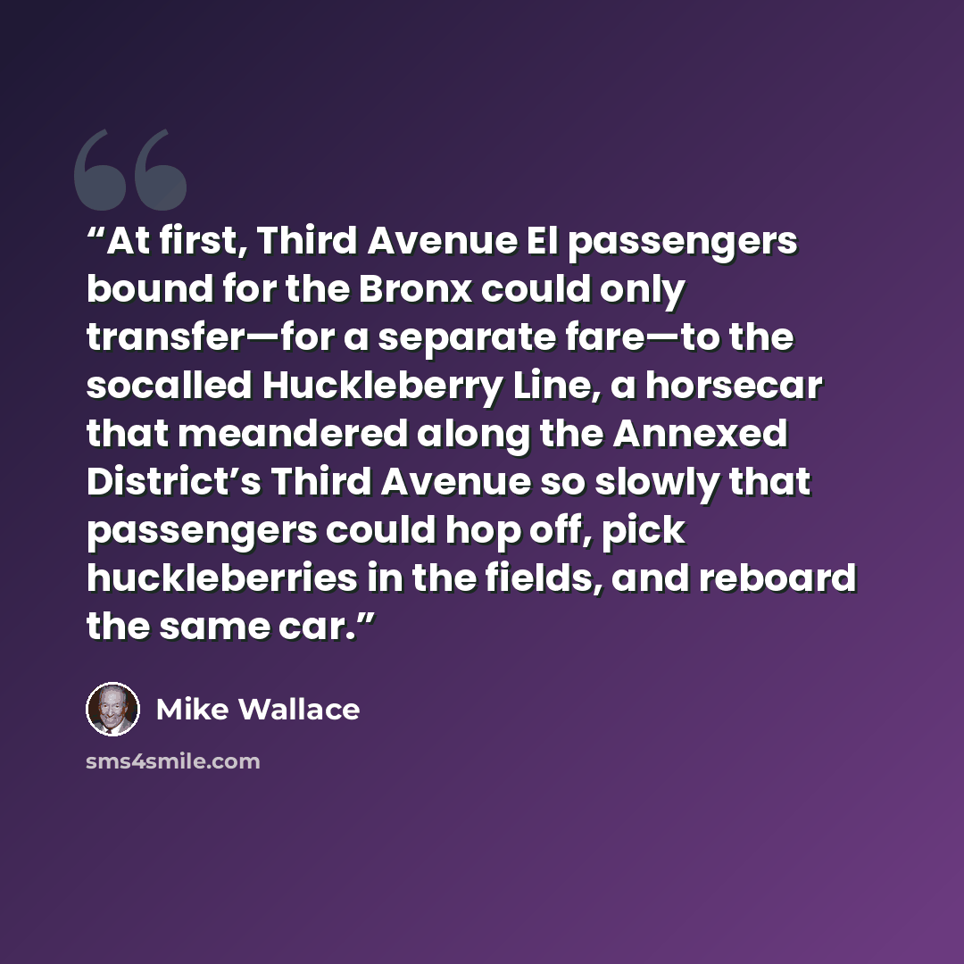 “At first, Third Avenue El passengers bound for the Bronx could only transfer—for a separate fare—to the socalled Huckleberry Line, a horsecar that meandered along the Annexed District’s Third Avenue so slowly that passengers could hop off, pick huckleberries in the fields, and reboard the same car.” quote by Mike Wallace