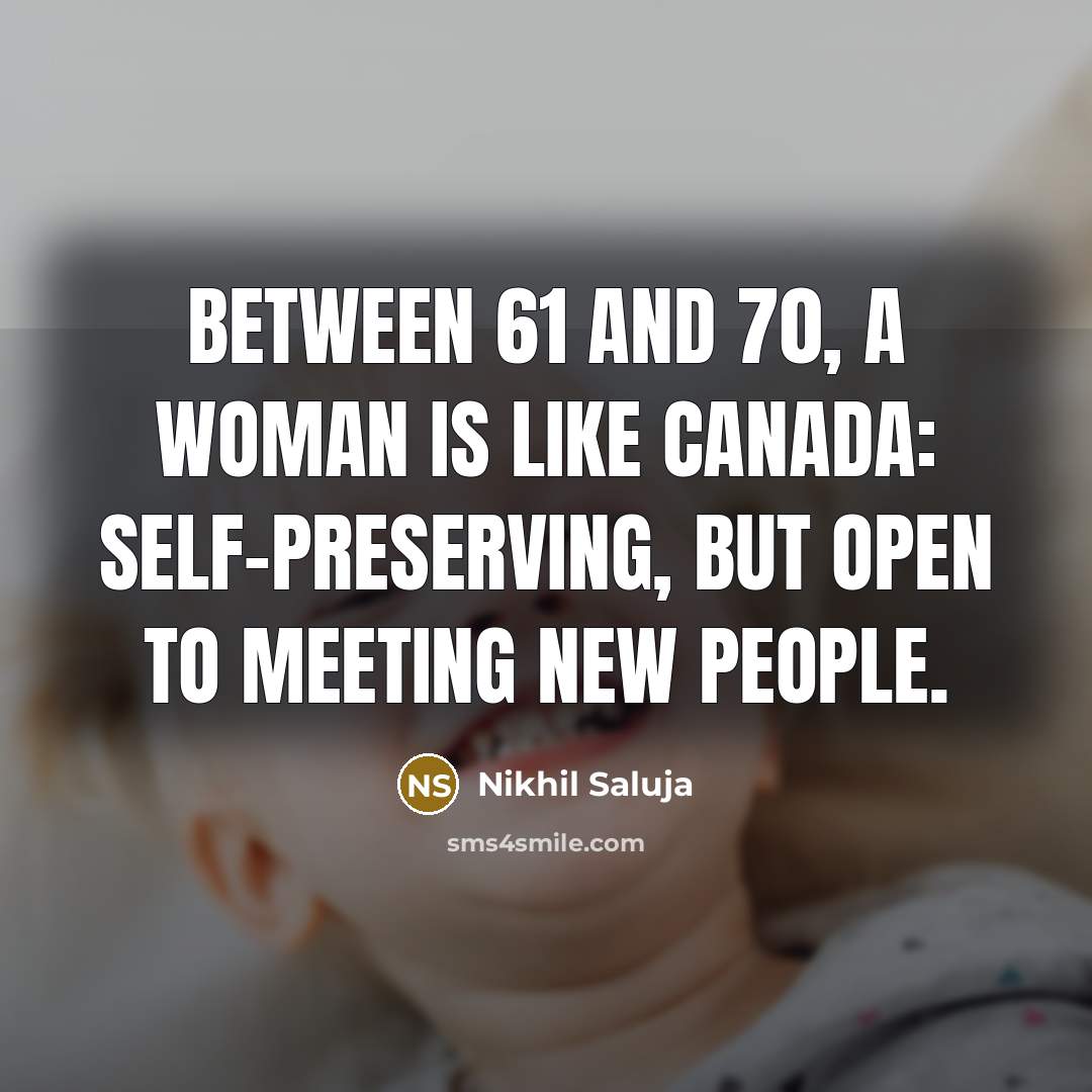 “Between 61 and 70, a woman is like Canada: Self-preserving, but open to meeting new people.” quote by Nikhil Saluja